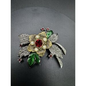 Vintage Avon Christmas Holiday Flower Brooch Pin Gold Silver Tone Floral
